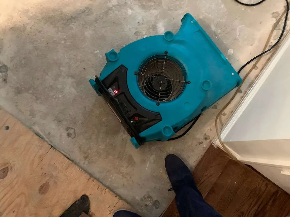 Air mover drying subfloor during Commercial Water Damage Restoration in Ellicott City